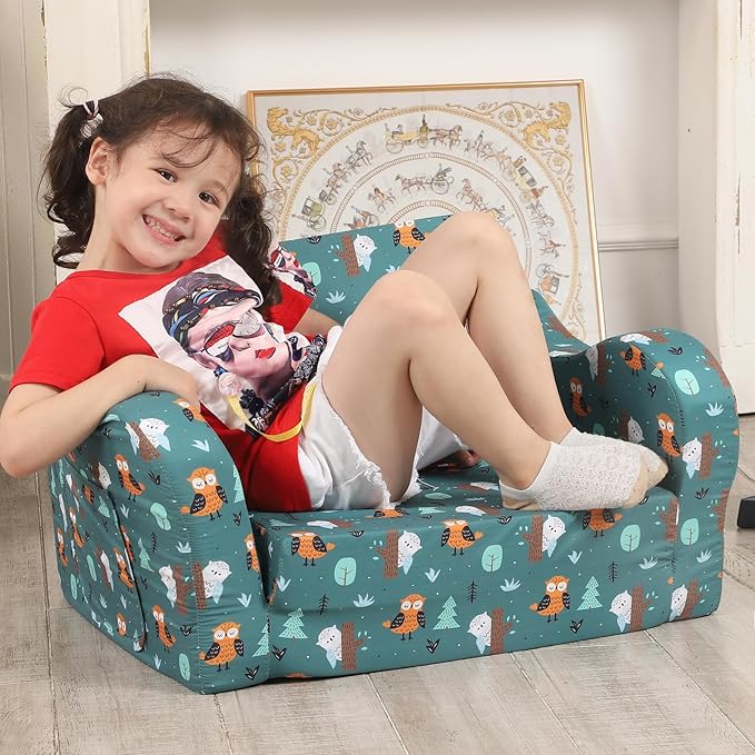 Happy Owl Kids Sofa, 2-in-1 Kids Couch Fold Out, Convertible Sofa to Bed for Girls and Boys-NeatNest
