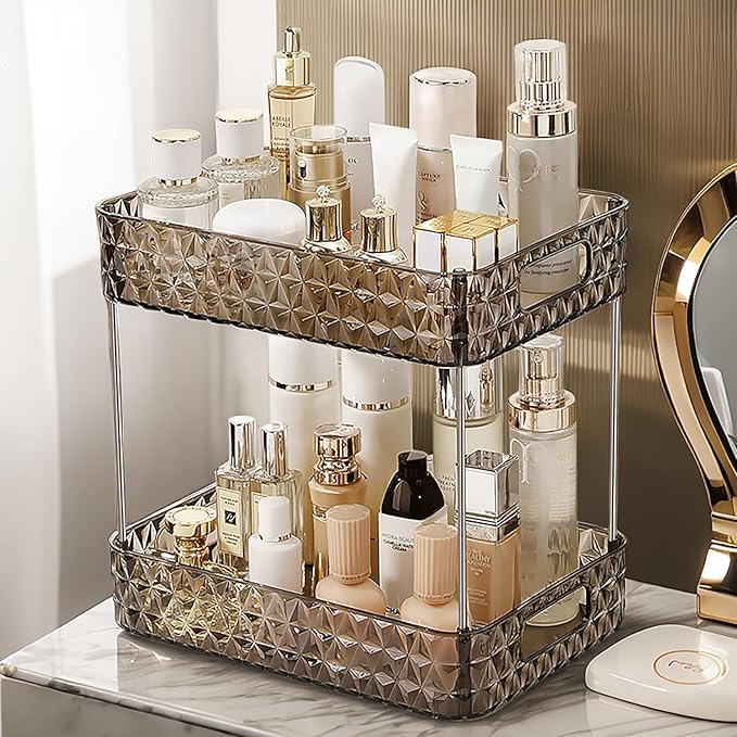 Makeup Organizer for Vanity,Bathroom Countertop Skincare Organizer,Makeup Counter Shelf Perfume Holder Rack,Cosmetic Display Case(Clear Black, 2 Tier)-NeatNest