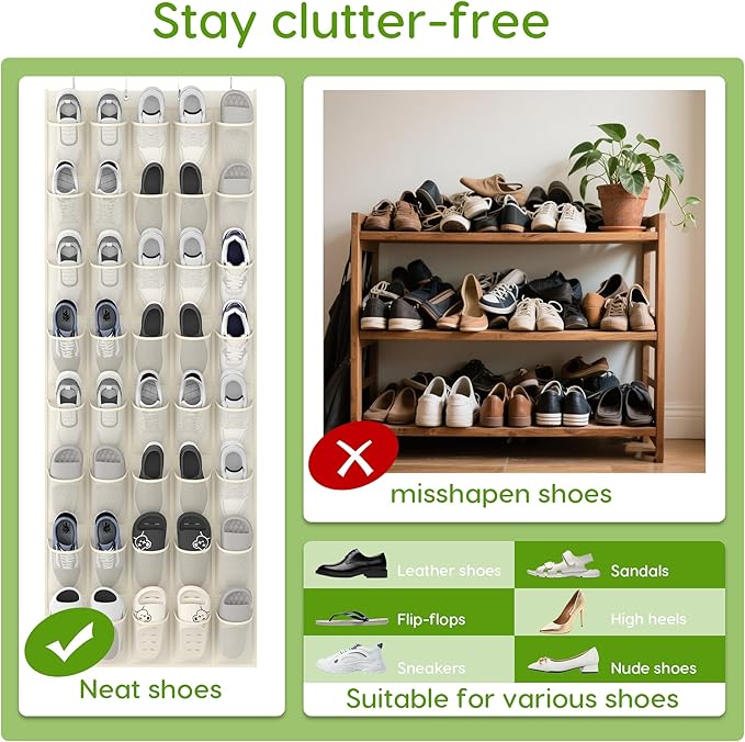 Unjumbly Over the Door Shoe Organizer with 40 Large Breathable Mesh Pockets, Space Saving Shoe Holder, Hanging Shoe Rack for Entryway Bedroom Closet Storage (Beige, 40 Pockets)-NeatNest
