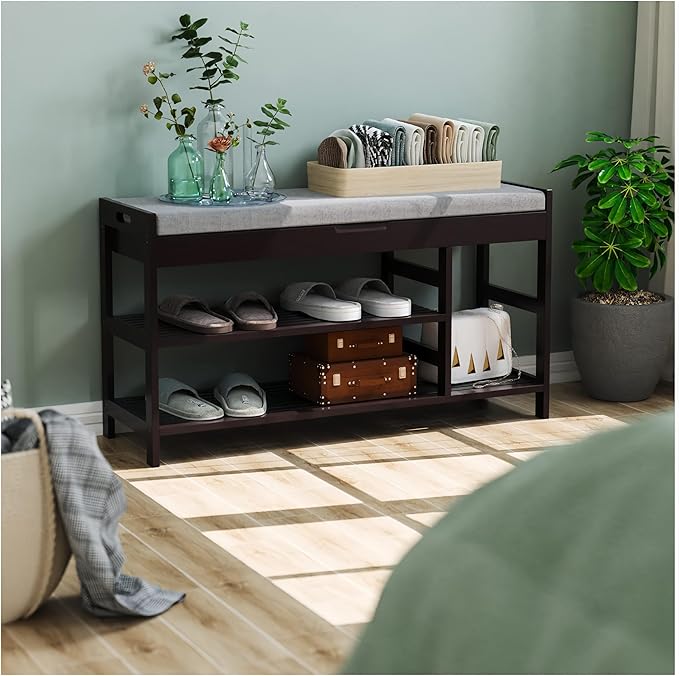 HIFIT Bamboo Shoe Bench Rack with Storage, Entryway Storage Bench with Padded Seat, Shoe Oiganizer Shelf for Entryway Mudroom Bathroom Foyer, Vintage