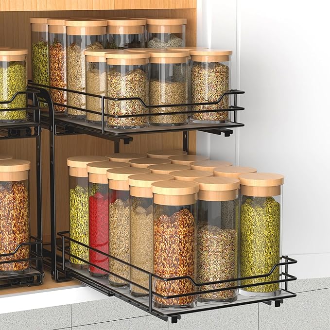 2-Tier Spice Rack, Pull Out Spice Racks Organizer for Cabinet, Height Adjustable Heavy Duty Metal Basket for Inside Cabinets & Pantry Closet (7.5''Wx10.5''Dx9.5''H)-NeatNest
