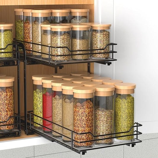 2-Tier Spice Rack, Pull Out Spice Racks Organizer for Cabinet, Height Adjustable Heavy Duty Metal Basket for Inside Cabinets & Pantry Closet (7.5''Wx10.5''Dx9.5''H)-NeatNest