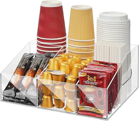 Acrylic Coffee Bar Organizer for Countertop, Cups Lids Sleeves Pods Syrups and Coffee Bar Accessories Storage Organizer Condiment Holder for Office Breakroom, Clear-NeatNest
