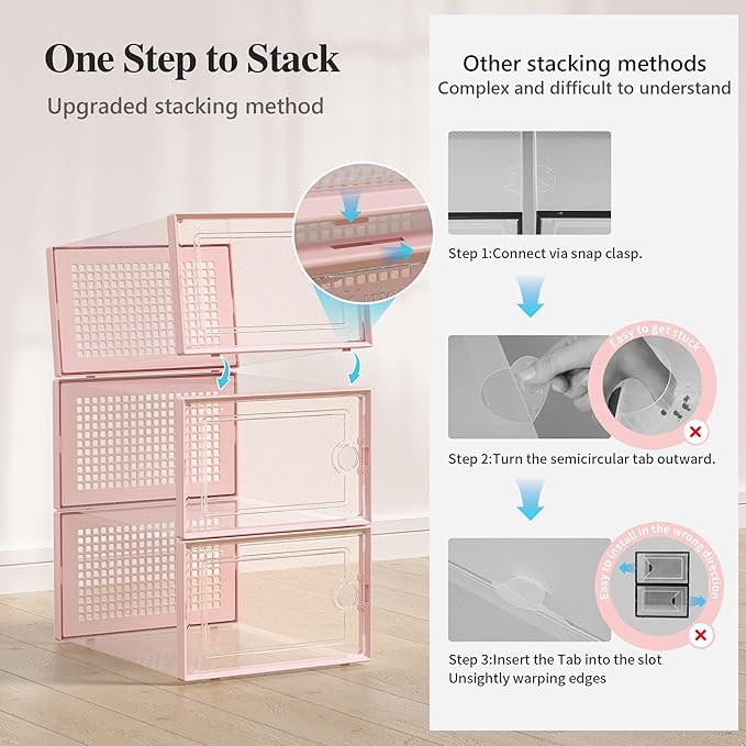 Kuject X-Large Shoe Storage Boxes Organizers Clear Plastic Stackable 12 Pack, Shoe Rack & Holder Substitute, Sneaker Containers, Toy Storage Organizer Bins for Entryway, Closet, Under Bed, Pink-NeatNest