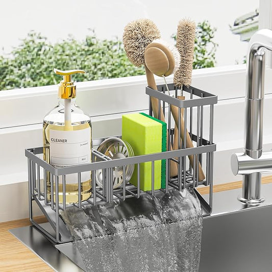 Cisily Sink Caddy Organzier with High Brush Holder, Sponge Holder for Sink, 304 Rustproof Stainless, Kitchen Countertop Soap Dispenser Organizer, Gray Kitchen Decor and Accessories-NeatNest