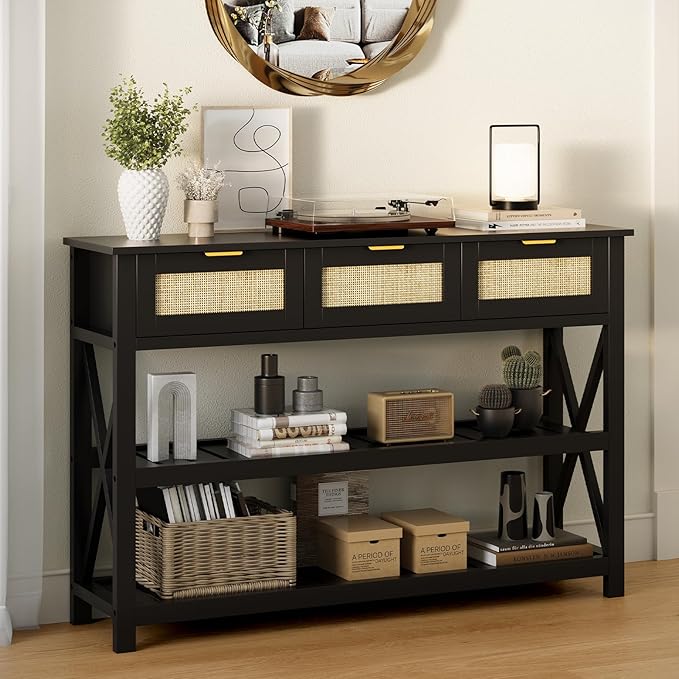Console Table with 3 Rattan Drawers, Wooden Entryway Table with 3-Tier Storage Shelves, Display Shelf for Entryway, Hallway, Foyer and Living Room, Black-NeatNest