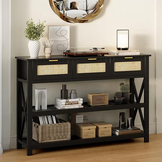 Console Table with 3 Rattan Drawers, Wooden Entryway Table with 3-Tier Storage Shelves, Display Shelf for Entryway, Hallway, Foyer and Living Room, Black-NeatNest