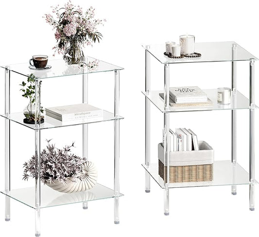 Tempered Glass Side Tables Set of 2 Acrylic End Table with 3 Storage Shelve transparent Bedside simplicity clear 3-Tier Nightstands small Spaces Office Bedroom Living Room Study Transparent ET-008TR3T