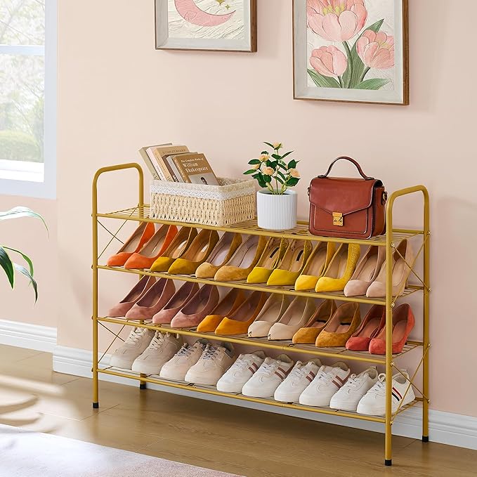 Hoctieon 4 Tier Mesh Style Shoe Rack, Entryway Shoe Shelf, Shoe Storage Organizer, Shoe Rack for Closet, Space Save for Bathroom, Garage, Hallway, Bedroom, Living Room, Gold-NeatNest
