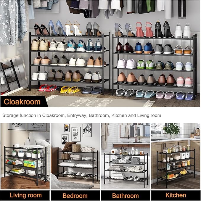 Long Shoe Rack, 4-Tier Bamboo Stackable Shoe Shelf Storage Organizer, Shoe Stand for Closet, Entryway and Hallway(Black)-NeatNest