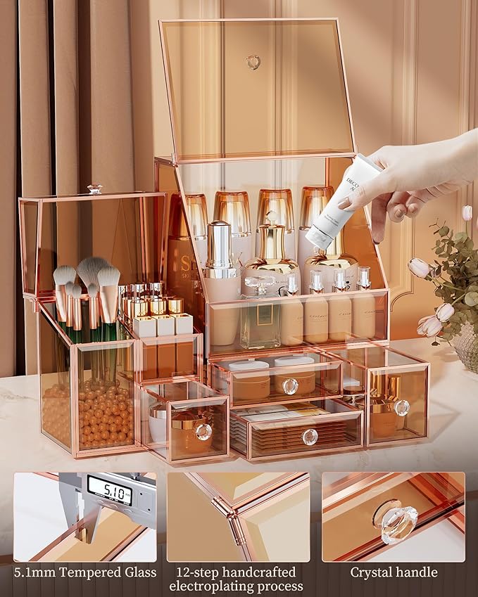 Glass Makeup Storage for Vanity and Bathroom Countertop – Large Cosmetic Display Case and Skincare Storage Solution