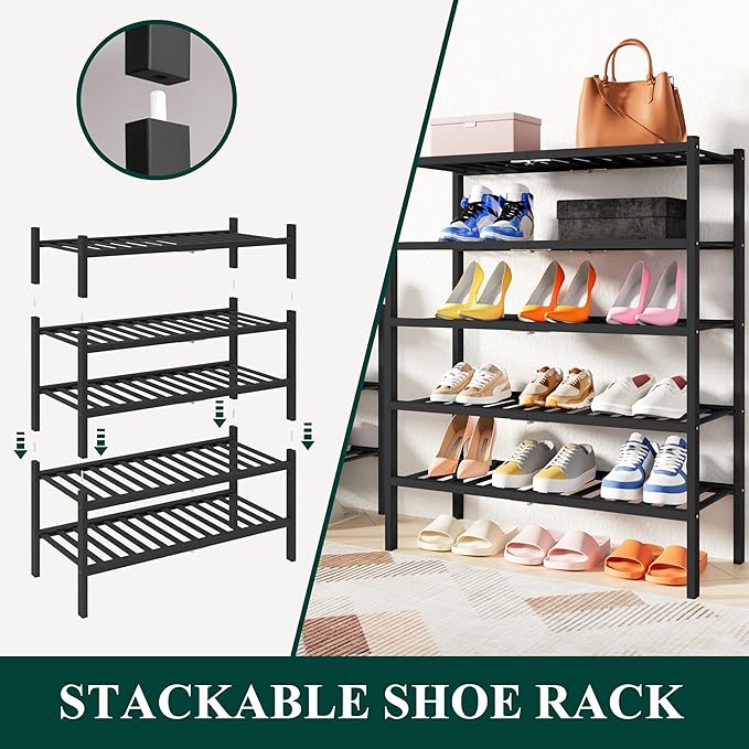 Smiry Shoe Rack, 2 Tier Thick Bamboo Shoe Organizer, Stackable Free Standing Wooden Shoe Storage Shelf for Closet, Entryway, Front Door Entrance, Black-NeatNest