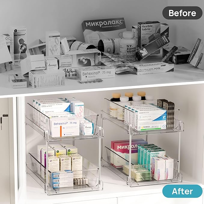 Vtopmart 4 Pack Bathroom Organizer, 2 Tier Clear Under Sink Organizers Vanity Countertop Storage Container,Cabinet Drawers Bins, Pull-Out Organization with Track for Pantry, Kitchen-NeatNest