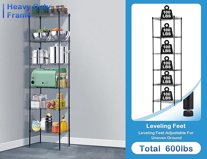 6-Tier Metal Wire Shelf Storage Rack NSF Certified, 17"L x 12"W x 63"H, Modern Style, 6 Shelves, 600 Lbs Capacity, Kitchen & Garage