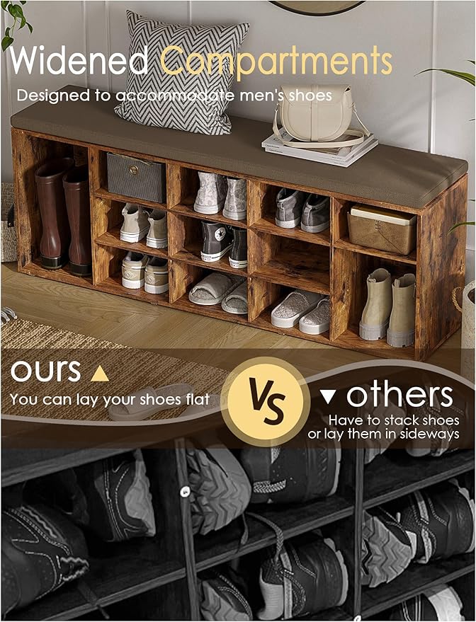 DINZI LVJ Shoe Storage Bench with Cushion, 13-Cubby Shoe Rack, Adjustable Shelves, Multifunctional Shoe Organizer Bench for Entryway, Mudroom, Hallway, Living Room, Bedroom and Garage, Rustic Brown-NeatNest