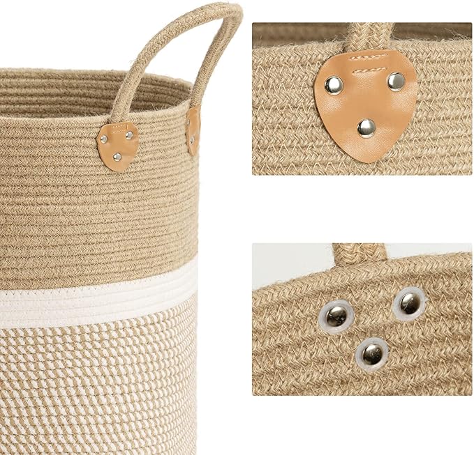 CHICVITA Extra Large Woven Storage Basket with Handles – Laundry Basket Toy Towels Jute Blanket Basket Home Decor Gift, 16" x 16", White-NeatNest