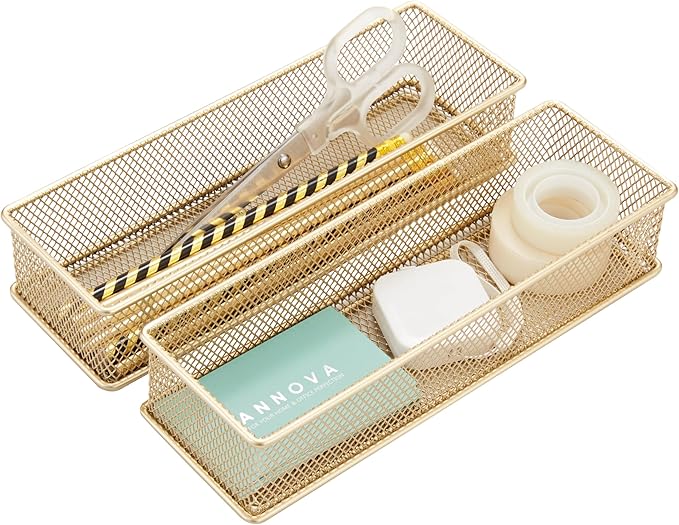 Annova Mesh Stackable Drawer Cabinet and Shelf Organizer Bins Storage Basket School Office Supply Holder Tray- Set of 2 (Gold, 3x9x2 Inch)-NeatNest