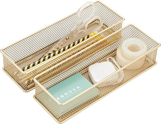 Annova Mesh Stackable Drawer Cabinet and Shelf Organizer Bins Storage Basket School Office Supply Holder Tray- Set of 2 (Gold, 3x9x2 Inch)-NeatNest