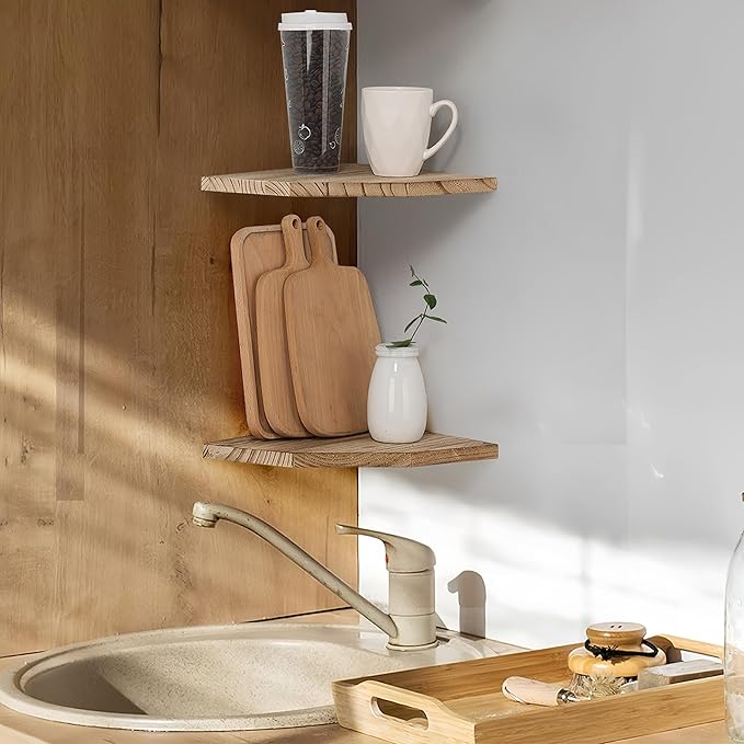 Corner Wall Shelves Set of 2, Rustic Wood Corner Floating Shelves with Cable raceway, Wall Mount Storage Display for TV Accessories, Baby Monitor, Speaker, Cable Box (Carbonized, Diamond- 10 Inch)-NeatNest