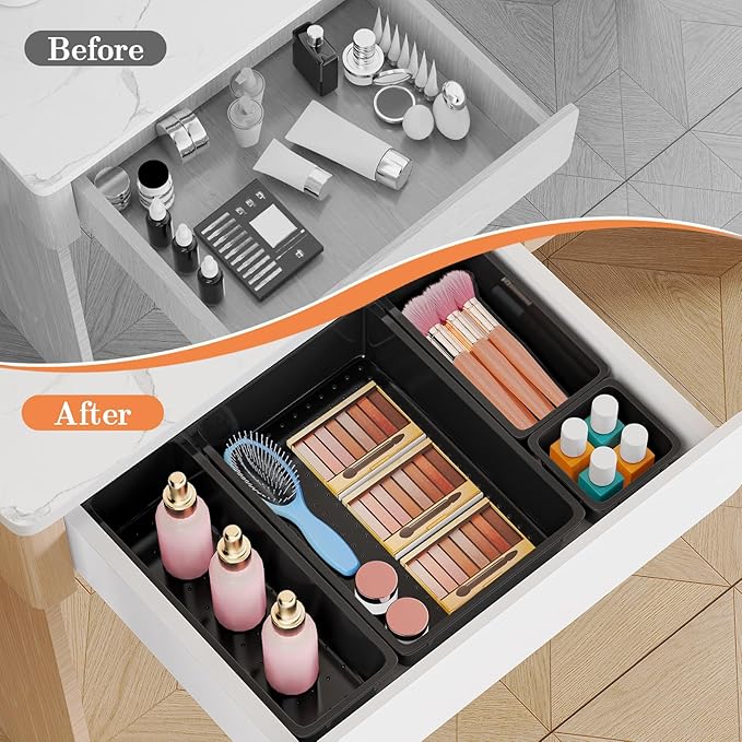 25 PCS Plastic Drawer Organizer Set, 4-Size Versatile Organizer Trays & storage Bins for Makeup, Jewelry, and Gadgets in Bathroom, Bedroom and Office, Black-NeatNest