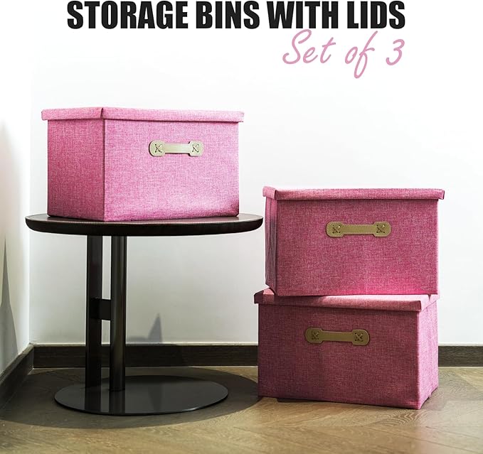 Enzk&Unity Decorative Storage Bins with Lids, Fabric Linen Foldable Storage Box with Handle Home Organizer for Shelf, Closet, Bedroom, Living Room, Office, 3 Packs, Pink-NeatNest