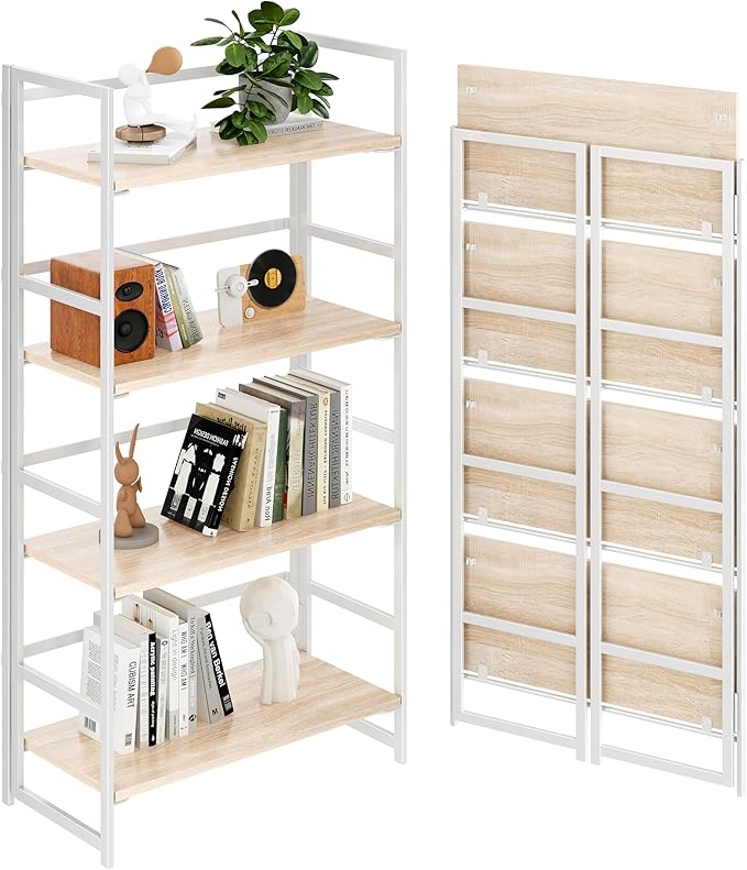 BHG Vintage Multifunctional Folding Bookshelf, No-Assembly Plant Stand Storage Rack Shelves for Home Office (White, 4-Tier)-NeatNest