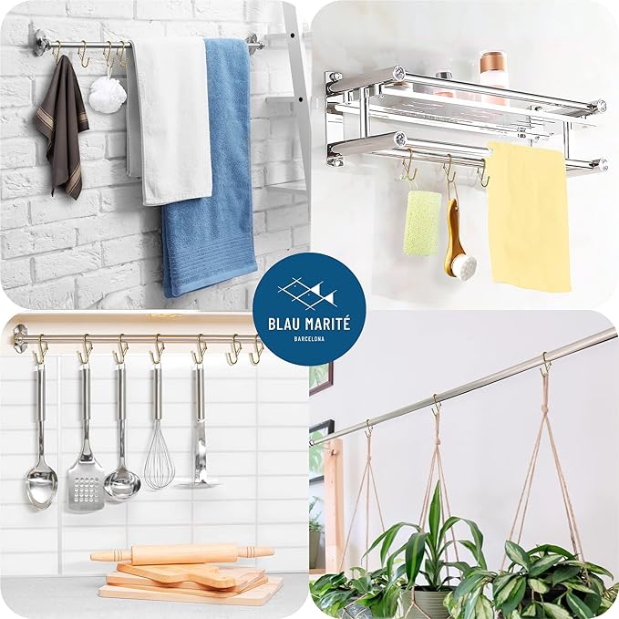 10-Pack Metal S Hooks for Hanging – Heavy-Duty S-Shaped Hook with Safety Buckle – Fits Bars up to 0.8 In – Anti-Drop S-Hooks for Kitchen, Bathroom, Closet & Pot Racks – Gold (Medium)-NeatNest