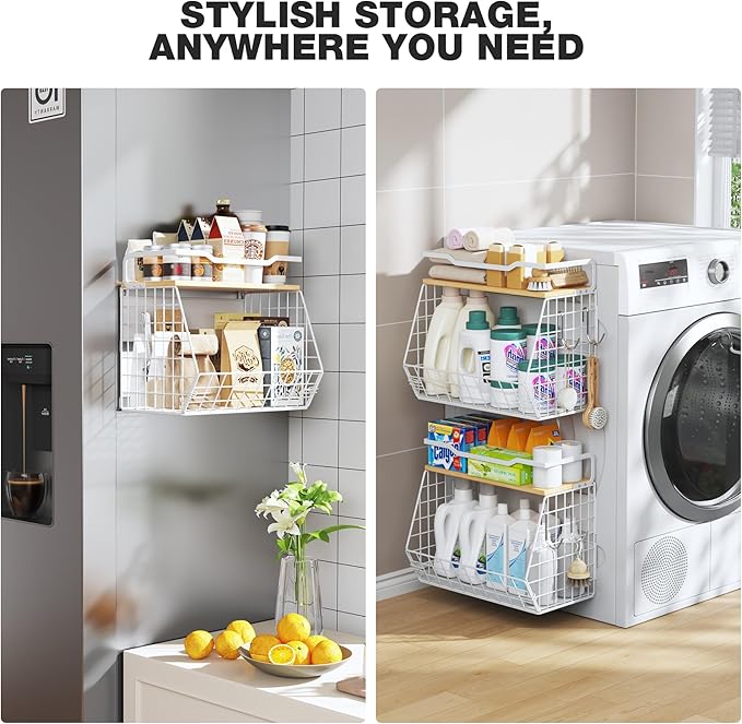 2 Pack Magnetic Shelf for Fridge with Wider & Thicker Magnet, Refrigerator Organizer Storage Basket for Fruit, Onion, Potato, Spice Rack, Kitchen, Laundry, Pantry (White, 13.77" X 6.77" X 11.81")