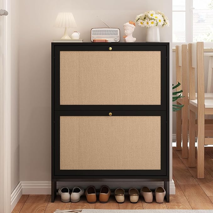 AVZEAR Narrow Shoe Cabinet with 2 Flip Drawer, Freestanding Shoe Organizer Shoe Cabinet Storage for Entryway, Slim Shoe Storage Shoe Rack for Closet with Linen Doors in Hallway, Living Room(Black)-NeatNest