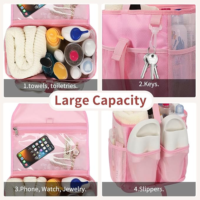 Pink Hanging Mesh Shower Caddy Portable for College Dorm Room Essentials, Large Capacity Shower Bag for Guys/Girls, for Beach, Swimming, Gym