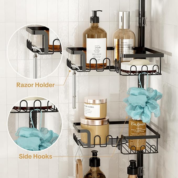 Corner Shower Caddy Tension Pole Adjustable 29–124 Inch, 4 Tier Shower Organizer, Rustproof Shower Racks for Bathroom Storage, Black