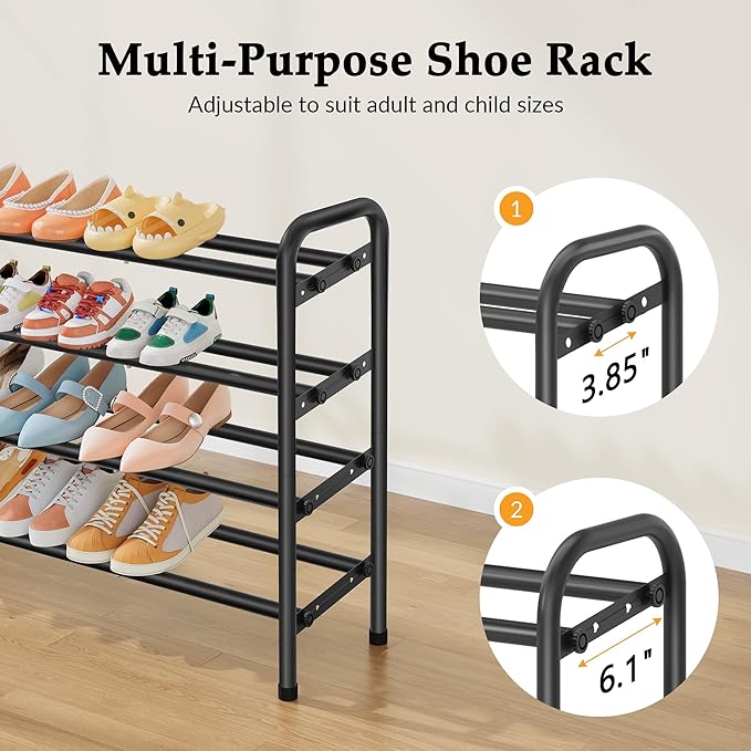 4 Tier Shoe Rack for Closet,Shoe Organizer, 28“ Metal Shelf Can Expandable to 42“, for Bedroom, Entryway, Living Room, Garage, Adjustable to 24 Pairs Shoes, Black-NeatNest