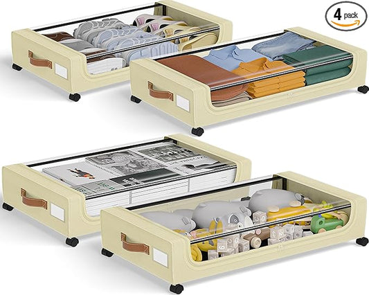 GoMaihe Under Bed Storage with Wheels: XXL Underbed Storage Containers with Lids - Rolling Bins for Shoes Clothes in Dorm Bedroom - Metal Drawers Easy Pull-out Beige 4-Pack-NeatNest