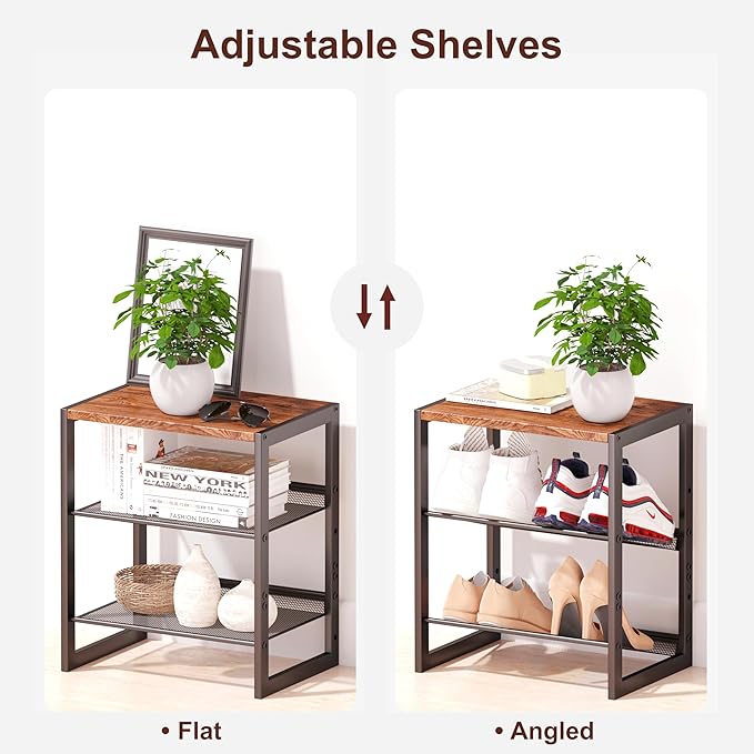 Narrow 3-Tier Shoe Rack, Slim Space-Saving Shelf with Decorative Wood Top & Steel Mesh, Entryway/Closet/Dorm Organizer, 16.5x11.8x19.8 Inches-NeatNest