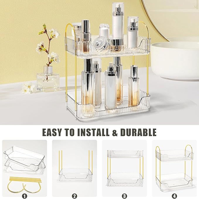 Bathroom Counter Organizer Countertop Storage Skincare Countertop Makeup Organizer Cosmetics Skincare Organizers Holder for Perfume-Clear-golden pole-NeatNest