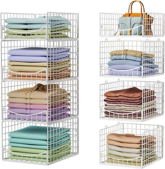 4-Tier Stackable Closet Organizers and Storage Shelves, Clothes Storage Basket Sweater Organizer Bins Container for Wardrobe Kitchen Bathroom Office, White