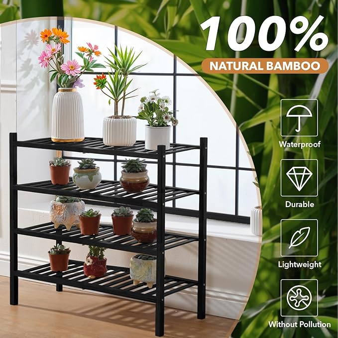 4 Tier Bamboo Shoe Rack Storage Organizer for Closet, Multifunctional Stackable Free Standing Shoe Shelf Organizer for Small Space,Entryway, Hallway, Bathroom27 x11 x26(Black, 4 Tier)-NeatNest