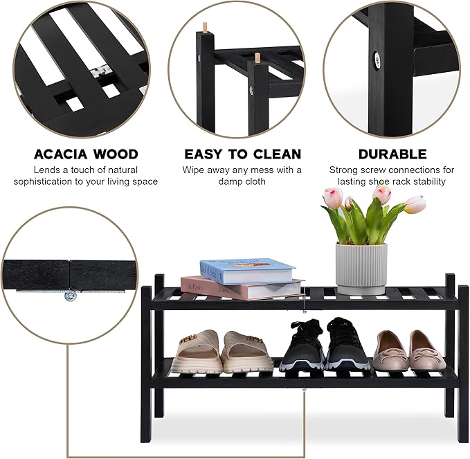 Black Acacia Wood 2-Tier Folding Shoe Rack – Space-Saving Wooden Shoe Organizer Shelf for Entryway, Hallway, Mudroom, or Closet – Compact Indoor Storage for Footwear & More-NeatNest
