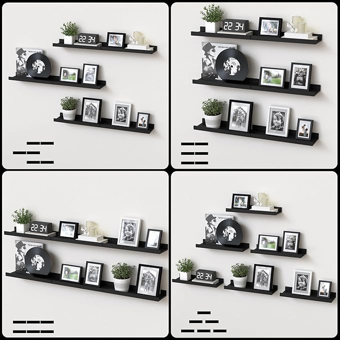 Floating Shelves Set of 6, Black Wall Shelves with Lip, Display Shelves for Wall Decor, Modern Picture Ledge for Living Room, Bedroom, Nursery, Bathroom, Pictures, Books, Plants- Black-NeatNest
