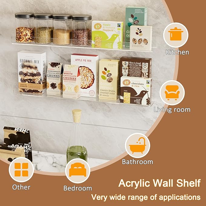 24'' Clear Acrylic Wall Long Shelf 2 Pack, Acrylic Floating Book Shelves, Wall Mounting Invisible Ledge Book Shelf-NeatNest