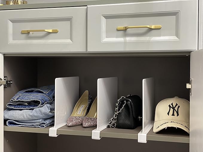 CY craft Acrylic Shelf Dividers for Closets,Wood Shelf Dividers, 4 PCS White Shelf Separators,Perfect for Clothes Organizer and Bedroom Kitchen Cabinets Shelf Storage and Organization-NeatNest