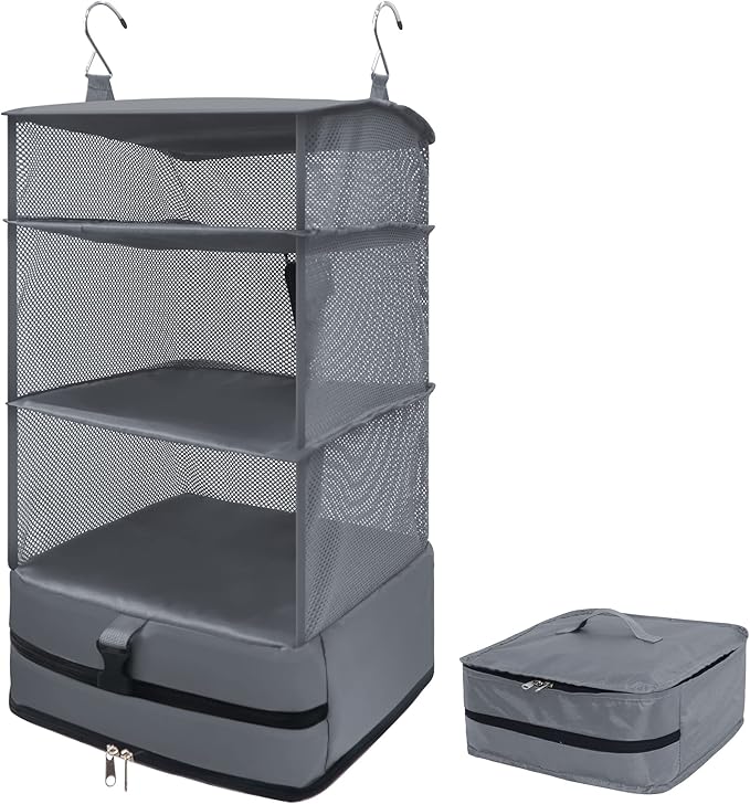 Caroeas Portable Hanging Travel Shelves Bag Suitcase Organizer Carry-on Closet Packing Cubes for Travel, 4-Shelf Suitcase Closet with 2 Hooks, Large Capacity, Gray-NeatNest