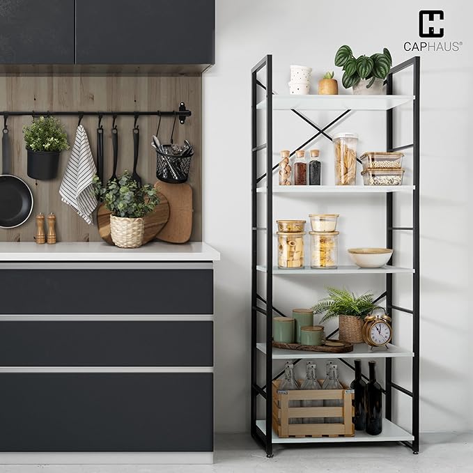 CAPHAUS 5 Tier Bookshelf, 24 Inch Width Free Standing Shelf, Bookcase Shelf Storage Organizer, Industrial Book Shelves for Home Office, Living Room, Kitchen, White Shelves & Metal Frame-NeatNest