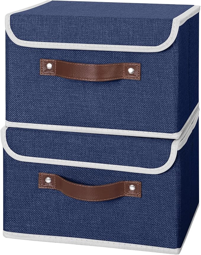 ANMINY 2PCS Storage Bins with Lid PU Leather Handles Storage Boxes PP Plastic Board Decorative Foldable Lidded Cotton Linen Fabric Home Cubes Baskets Closet Organizer Containers - Blue, Small Size-NeatNest