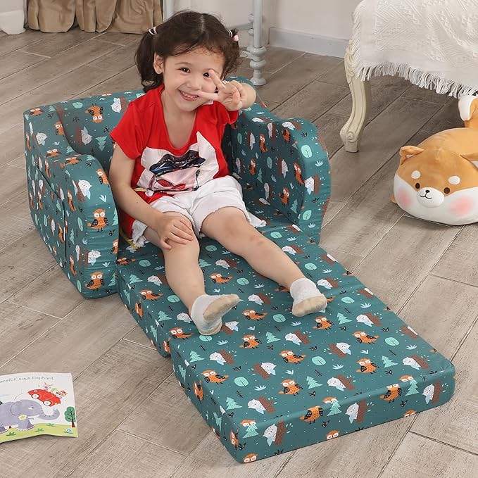 Happy Owl Kids Sofa, 2-in-1 Kids Couch Fold Out, Convertible Sofa to Bed for Girls and Boys-NeatNest
