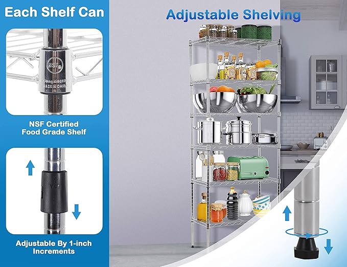 6-Tier Metal Wire Shelving Unit Snack Shelf Height Adjustable Storage Rack NSF Certified Storage Shelves 900 Lbs Capacity Standing Utility Shelf for Laundry Kitchen Pantry Garage Organization