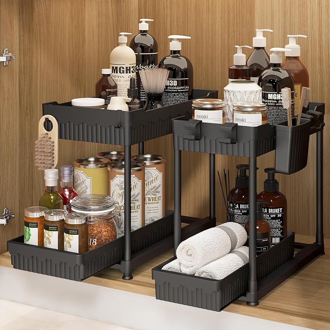 Under Sink Organizer, Bathroom Organizers and Storage, 2 Tier Multi-Use Pull Out Cabinet Organizer with Hang Hooks and Cups (Black, 2 Pack)-NeatNest