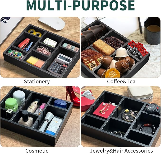Desk Drawer Organizer Tray with 9 Adjustable Compartments, Wooden Office Desk Accessories Supplies Organization Storage for Desktop Bathroom Vanity Makeup Black-NeatNest