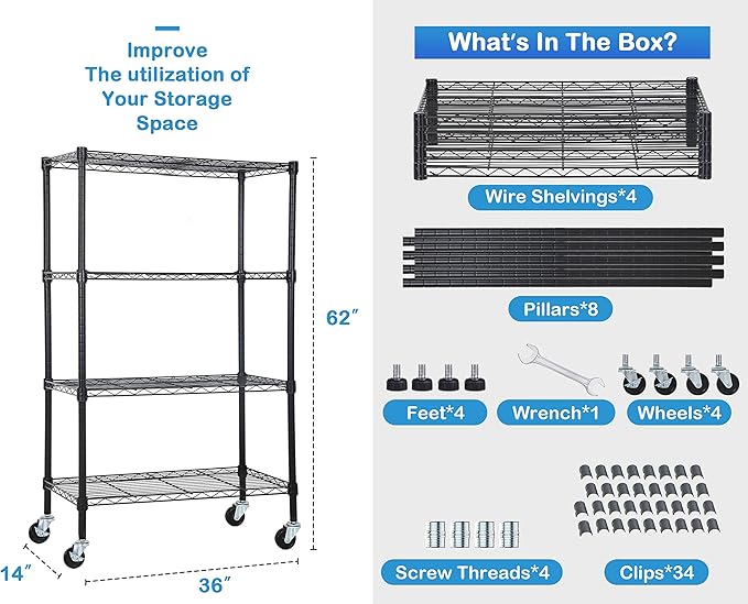 4-Tier Metal Wire Shelving Unit Kitchen Shelf Organizer Height Adjustable Storage Rack Utility Snack Shelf, NSF Certified Storage Shelves for Laundry Bathroom Kitchen Pantry Organization-NeatNest