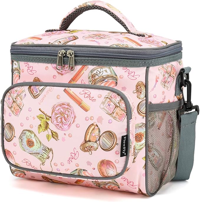 FlowFly Insulated Reusable Lunch Bag Adult Large Lunch Box for Women and Men with Adjustable Shoulder Strap,Front Zipper Pocket and Dual Large Mesh Side Pockets,Rose-NeatNest